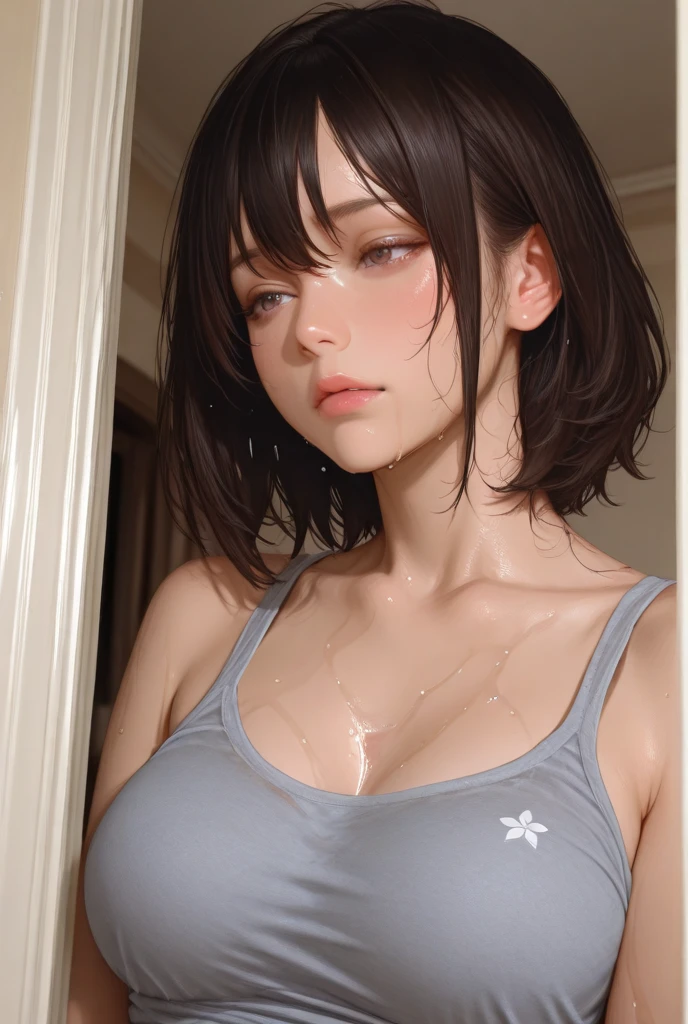 (One Girl), Very cute face, Great face and eyes, (Highly detailed eyes, Highly detailed face), Fresh, Very beautiful appearance, (Ultra-realistic, High resolution), (Highest quality:1.4), RAW Photos, (Realistic, Realistic:1.37), Professional photography (,short hair)、 ((A very light, wet beige tank top:1.2)) , Cleavage, (Exposing shouldersさせる), Laugh a little, (look at me), Bedroom, Portrait of a Girl  ,((Small breasts))  ,(Erect nipples:1.1) , Exposing shoulders , 15 years old