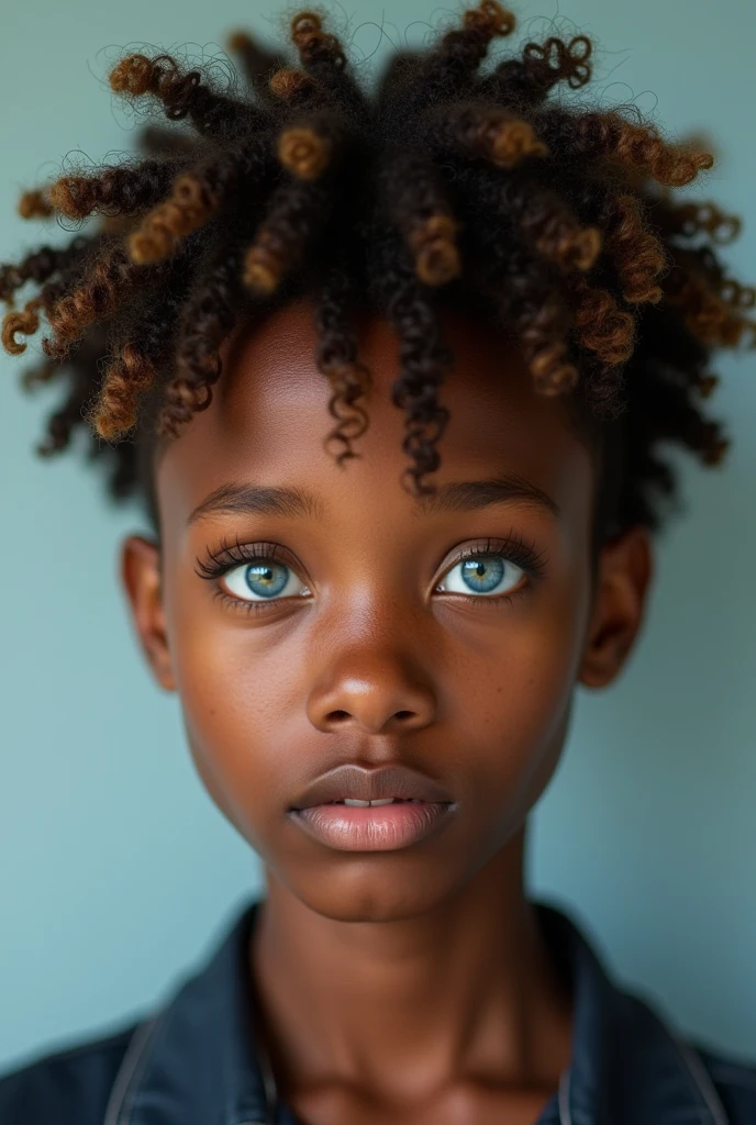 Beach realistic closeup photo of an ablazed black boy with blue eyes with an afro during blue hour
