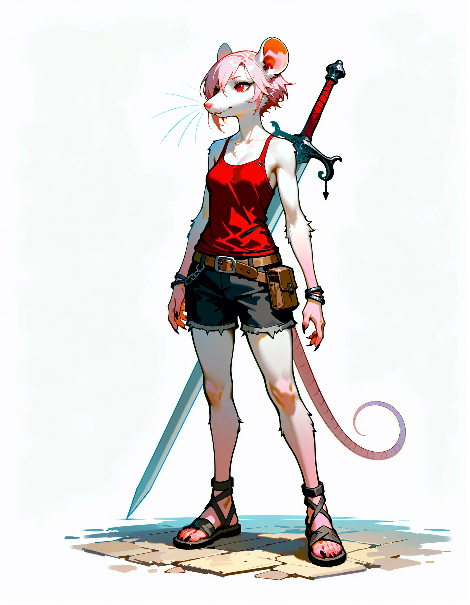 (((masterpiece))), (((Best Quality))), ((Ultra-detailed)), (anime Illustration), ((extremely delicate and beautiful)),solo, Full body, fantasy albino wererat girl, Fluffy Fur, furry, short pale pink hair, red eyes, rat head, rat ear, rat tail, ((ragged red tank top and black short pants, sandals, Resilient, sporty and boyish)), (folded arm) (she carries a belted sword on her back mount),(small figure) (shorty), full body standing, Whole body, (((white background)))