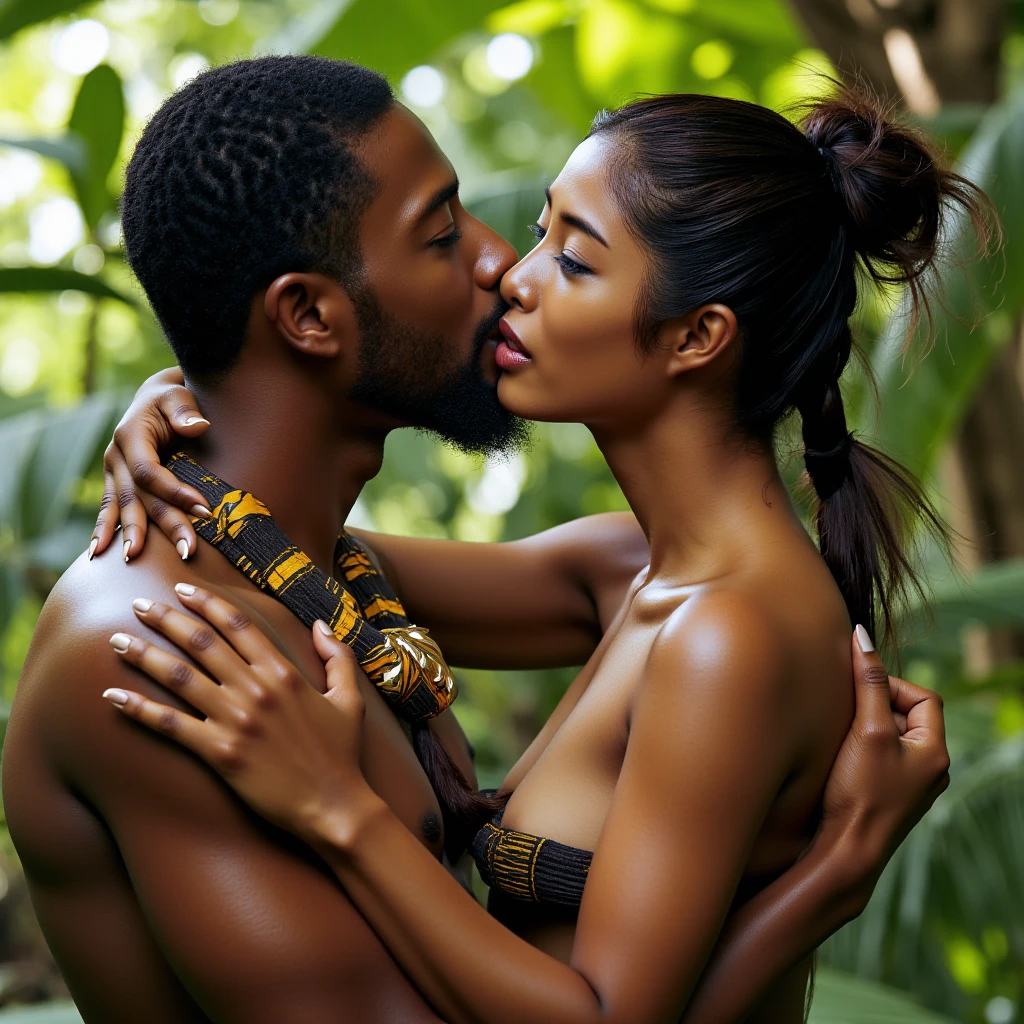 Beautiful sexy African primitive woman without clothes is next to the explorer who is also without clothes she is very much in love