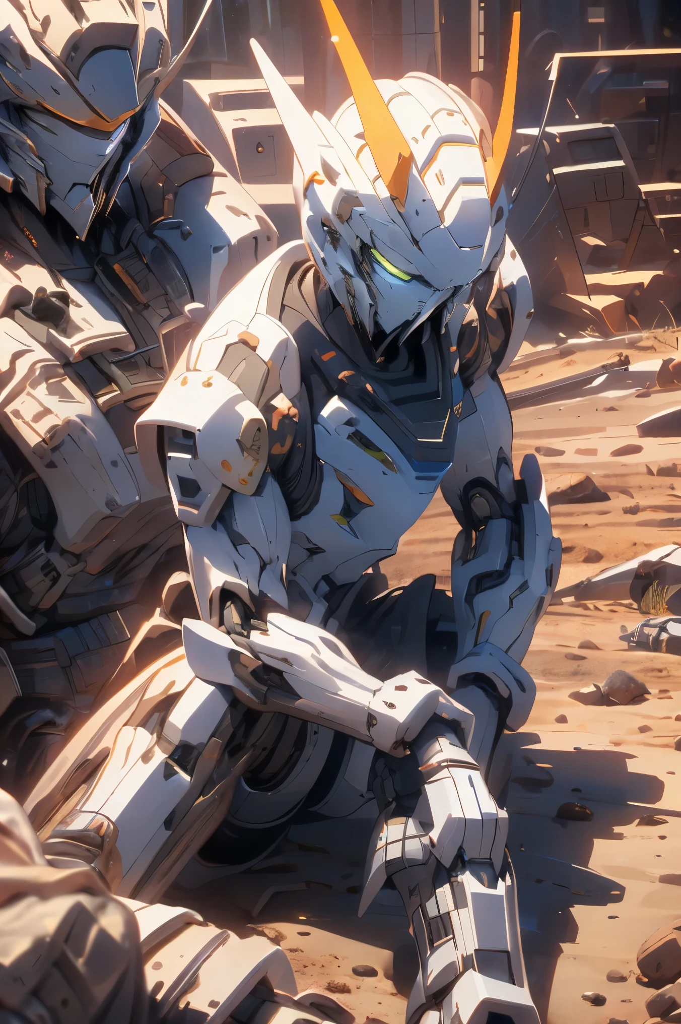 battlefield,Mecha ,SF,Mecha armor,Science fiction, Mechanized, armed soldiers. Dirt and mud. Machine guns. Taking a short rest on their knees. Sharp eyes. Sniping enemy soldiers on a tense battlefield.