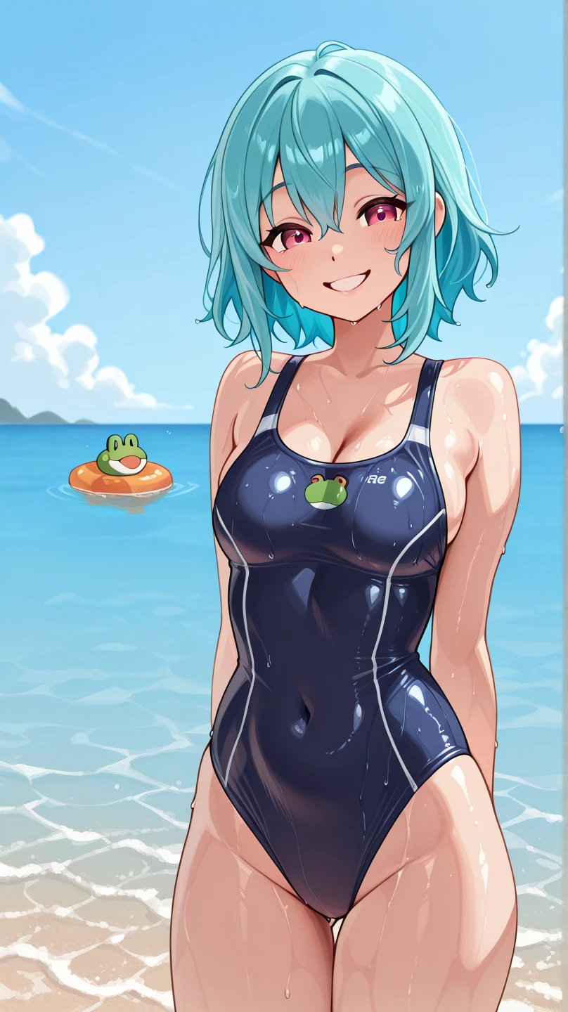masterpiece, Highest quality, High resolution, 1 girl, Green Hair, Long Hair, bangs, Twin tails, Green Eyes, Big Breasts, ((Dark green one-piece school swimsuit)), bare hands, barefoot, Embarrassed face, On the grass, Sit on the floor with your legs apart, Rub your chest、((きゅうりをBig Breastsで挟む、Holding a cucumber in each hand、Holding a cucumber、Place cucumber on both sides、Hold a cucumber between your legs、Cucumber Princess))