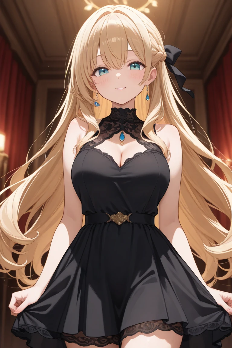 Safe for work, masterpiece, best quality, solo, 1 girl, cowboy shot, (young female body:1.4), ( medium small breasts), golden yellow hair, extra long hair, blunt bangs, crystal blue eyes, very detailed eyes, cathedral hallway background, ponytail, standing, leaning forward, erotic, sexy girl, tight black dress, form fitting dress, tight black dress, flustered expression, arched back, arching her back, black dress, extra short dress, very short dress, sleeveless dress, posing, hand on wall, plunge neckline, sleevless dress, whore