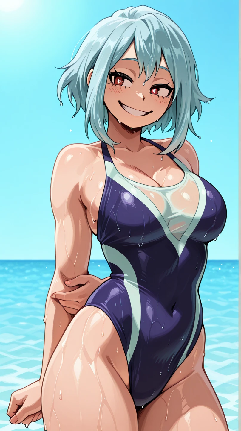 Huge breasts, tanned skin, tan skin, one piece swimsuit tan lines, swimsuit, V shaped swimsuit, swimsuit with tiny fabric, too much skin showing, exposing navel, no underwear except for ultra thin V front micro plunge., ((super thin V front micro plunge only)), ((black ultra thin V front micro plunge only))