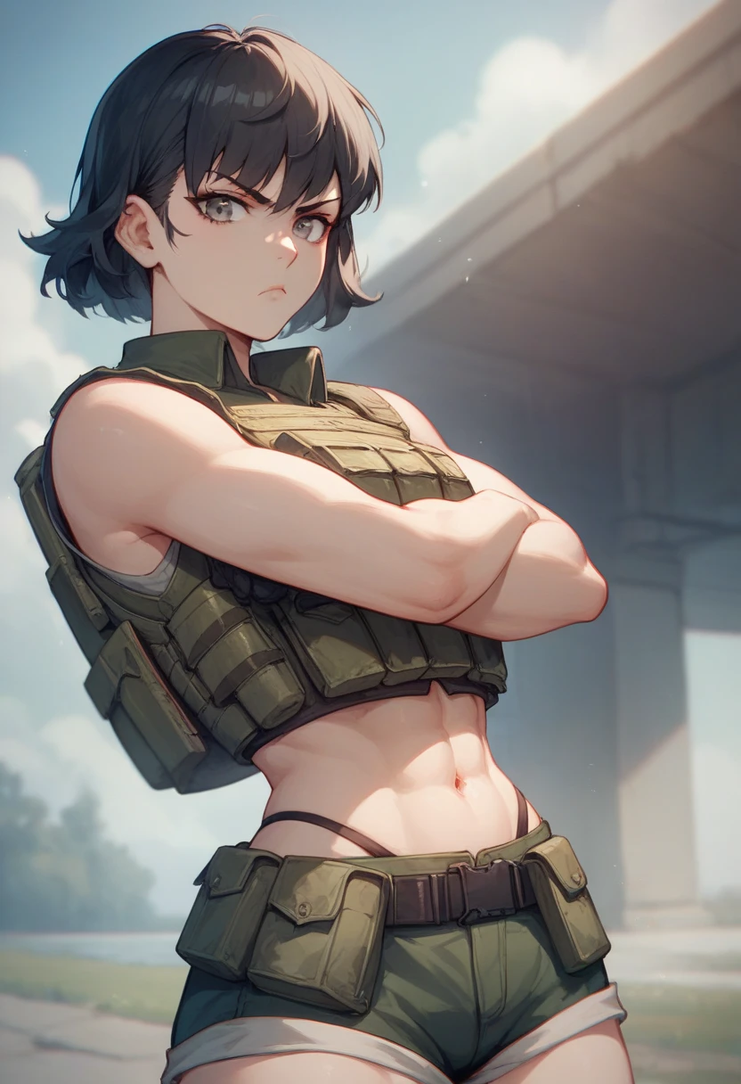 a girl of athletic build. She wears a top and pants in army coloring. She has abs