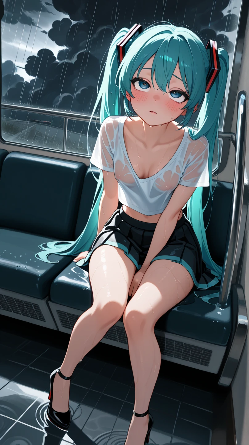 masterpiece,best quality,dutch angle,Ultra detailed,8K,realistic,ultra detailed,highly detailed,physics-based rendering,cinematic lighting,1girls,,naked,crying,pussy, cum,train,on seat,long hair,naked,miku hatsune,molestation,crowded train,blank look,