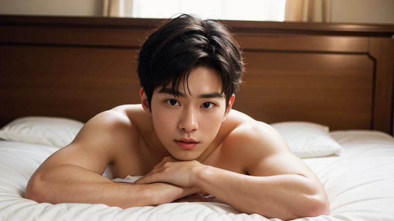 14-year-old boy, Upper body naked, White underwear ,Smooth Skin, Lie down in bed, , Black Hair, Messy Hair, Eye-level shot, Thin
