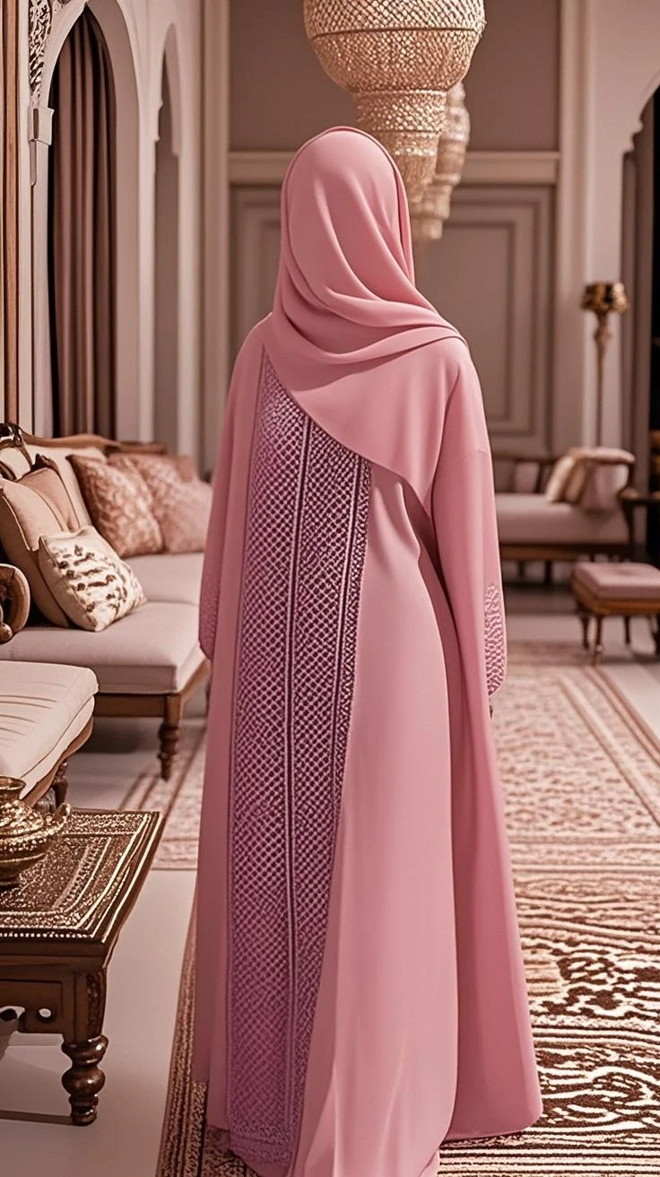 A beautiful Asian girl in a long hijab with tight and clearly visible breasts, With dark colored clothes, Is hugging herself , and good quality images