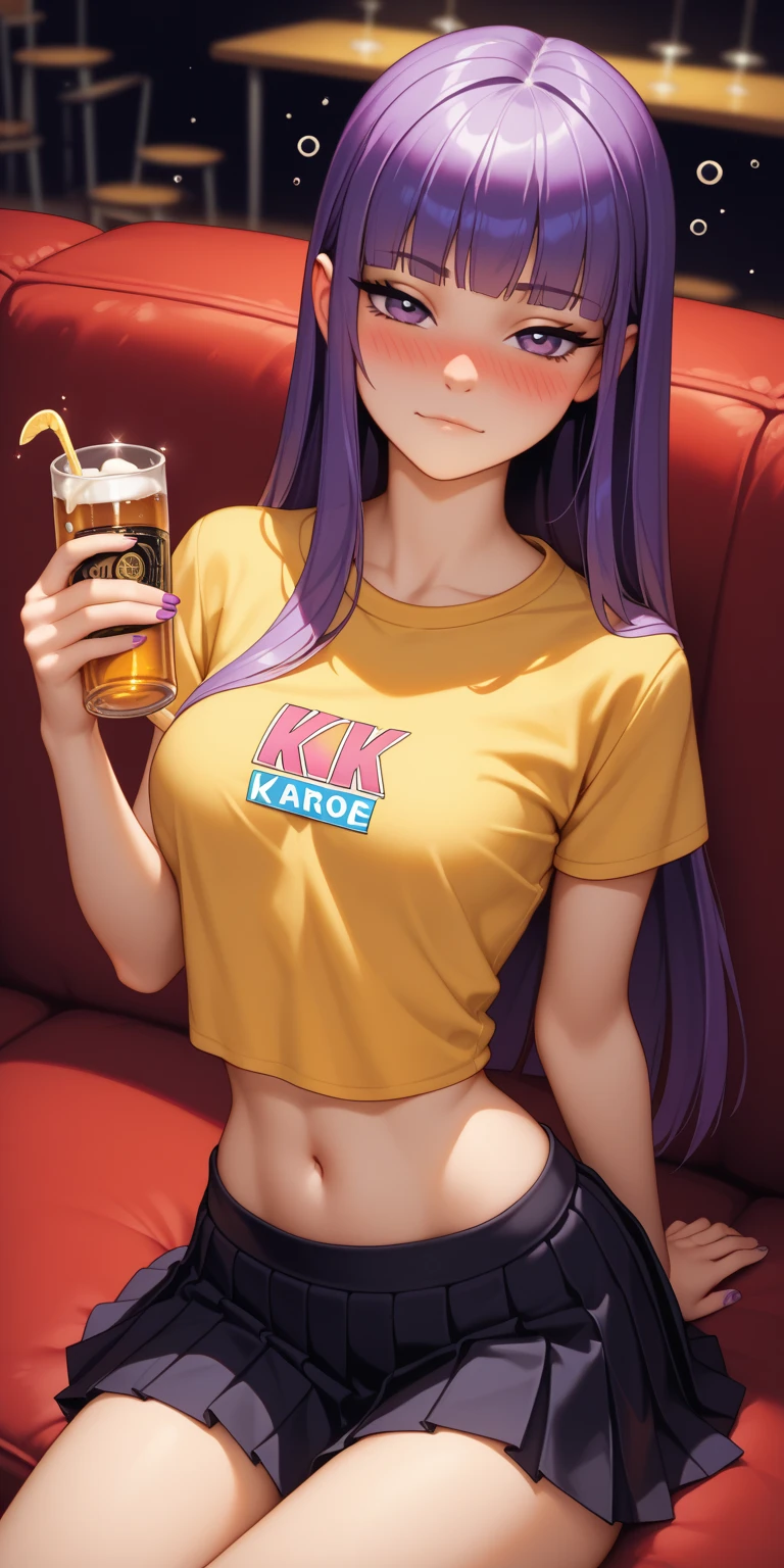 Large Breasts, anime girl with blue hair and green eyes long haired, misato katsuragi, portrait knights of zodiac girl, fubuki, kusanagi, inspired by Rei Kamoi, nico robin, ikki tousen, knights of zodiac girl, juri misaki, gainax anime style, close view 8K,HD,Wallpaper masterpiece 1.3, large ass, , thin waist, oversized t-shirt, wearing Gstring, sitting at a couch, drinking energy drink.