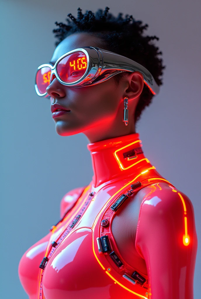 girl caramel red latex mutant waitress robot zombie radical, front-facing, belly slim waist, large bosom, big-ass, muscular thigh, white metallic bikini, light pink 8k , alta definition, sharp details