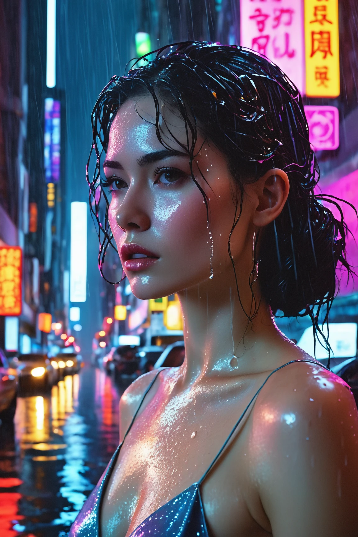 (Masterpiece at maximum 16K resolution: 1.6), (intricate details: 1.4), (extremely insane details: 1.4), (highest quality: 1.3), (hyper_realistic: 1.3 ). | Jesus looking at the sky, deep emotions, tears running down his face, soft raindrops, fresh vegetation, shiny wet pavement, expressive purples eyes, pensive expression, sadness, delicate features, short flowing hair, wet clothes, ethereal atmosphere, misty atmosphere , moody lighting, dramatic composition, subtle shadows, emotional charge, melancholic atmosphere, vibrant colors, soft color palette, rainy day aesthetic, raw beauty, moving moment, captivating composition, pain and vulnerability, contrast of beauty and sadness, drops of rain tracing your eyelashes and cheeks, loneliness in the crowd, defining moment in your life, hope lingering in your eyes. | ((she's crying):1,3)):0,7), (((More_Details))).
