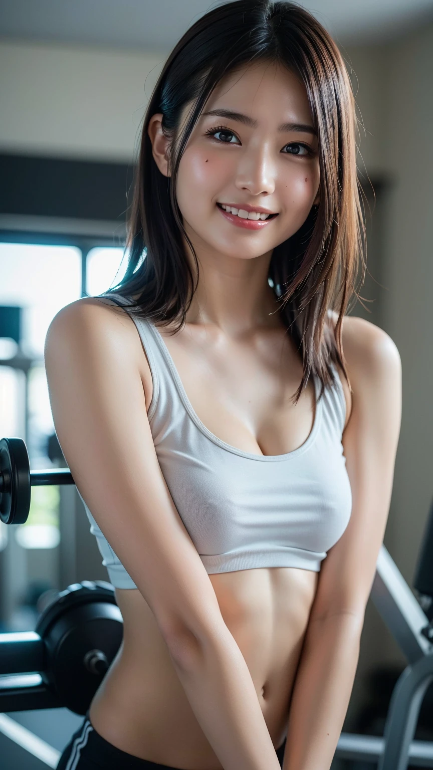 highest quality ,masterpiece,ultra high resolution, so beautiful, cute, (photo-realistic:1.4), 1 girl, Japanese, on your knees, angle from below, short hair, brown hair, looking at the viewer, cleavage, Wet, smile, wearing a sports bra, at the gym, cinematic, 35mm lens, f/ 1. 8, accent lighting, 8K,