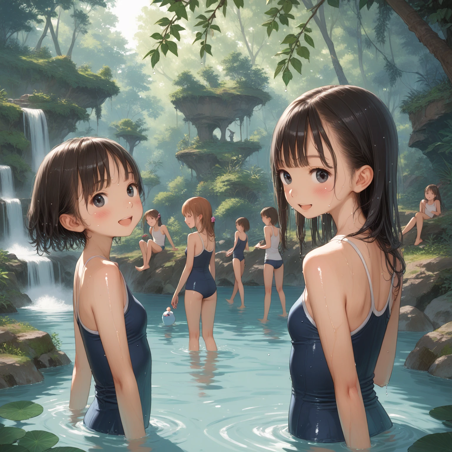 (masterpiece:1.2, best quality), (highly detailed:1.3), multiple girls, 11yo loli, white panties, naked no panties, butt, in a forest lake, fun, laugh, bright