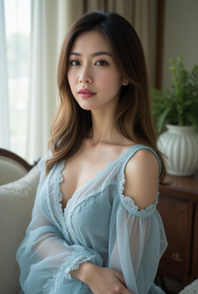 top-quality、超A high resolution、(Photorealsitic:1.4)、1 rapariga、looking at viewert、closeup cleavage、Underwear that is about to be taken off、underwear is transparent,Colossal tits、Spread your legs pose、Look down awkwardly、on top of the bed、shaved pubic hair