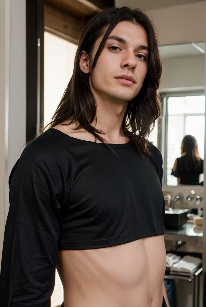 stylist man, red medium length hair, naked, posing, fashion background, smirk, green eyes