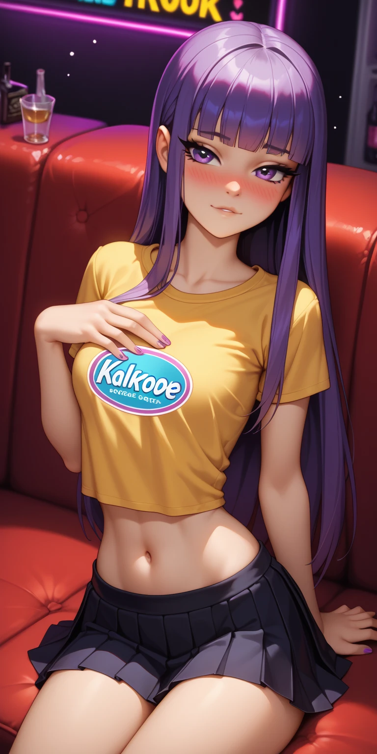 Pretty asian woman, bright silver hair, long hair, green eyes,  tshirt, perfect face, busty, sitting at a table, cute pose, pizzaon the table, anime style , smiling