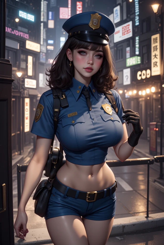 Solo, (Police Uniform, Policewoman), Stockings, City Lights, (Looking at the audience: 1.3), Lips Apart, Red Lips, Shiny Skin, Skin Dents, Best Quality, Ultra High Resolution, (Realism: 1.4)