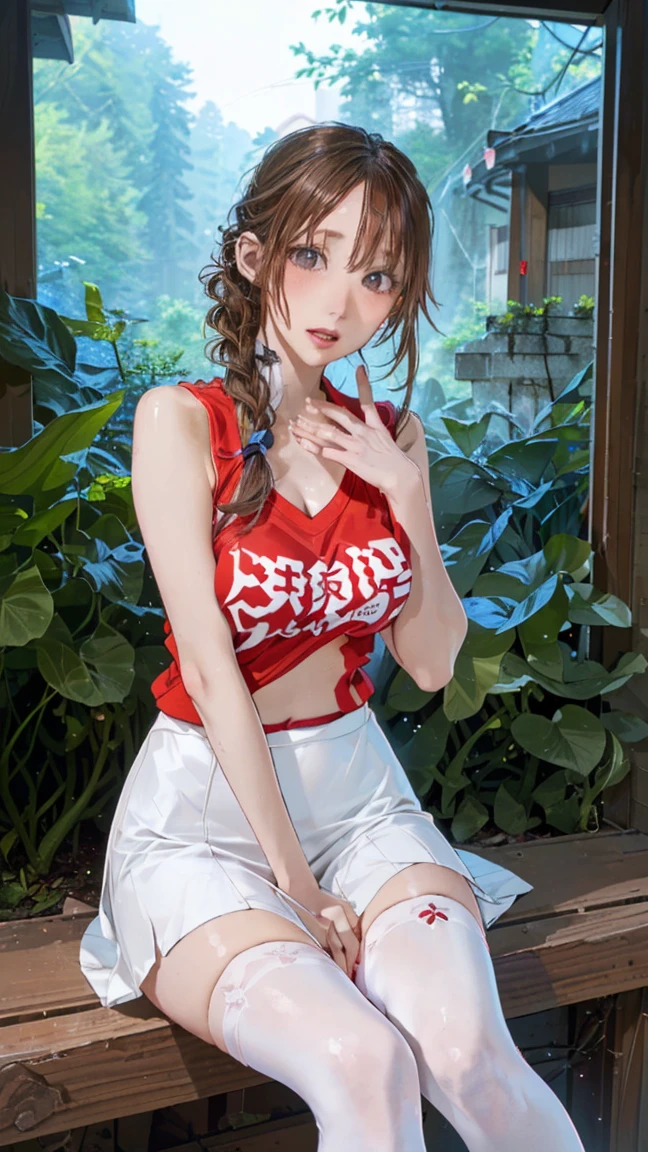 ((((Highest quality))))、(((Ultra-precision CG16K wallpaper)))、(((masterpiece)))、(((Super detailed)))、(((Extreme detail)))、((１Mature 29 year old woman:1.6))、((Very beautiful Japan face of a person))、((Urizane Face:1.8))、((Short bob straight hair:1.6))、(Shiny Hair)、Beautiful face depicted in detail、(Detailed eyes、Shining black eyes)、double eyelid、High nose、Small nostrils、Small Mouth、Seductive lips、Beautiful breasts、((B cup size breasts))、Cleavage、Vertical belly button、Beautiful feet、((Thin thighs))、eight-headed body、Perfect proportions、Perfect Anatomy、Perfect composition、Beautiful detailed shading、Beautiful, natural lighting、Beautiful detail glow、Depth of written boundary、(((High chroma)))、(((Real:1.9)))、((vivid:1.5))、((Beautiful Skin))、((Skin Texture))、((Realな皮膚感))、(((Cowboy Shot:1.6)))、(((front view、shoot from front、front low angle:1.6)))、(((smile:1.6)))、(((looking at camera:1.6)))、Bright daylight、Natural light、(((background_Woodland、null:1.4)))、(Standing pose:1.6)、(((White sleeveless collared shirt&Red low-rise shorts:1.6)))、((hair band、necklace、Wearing earrings:1.5))、