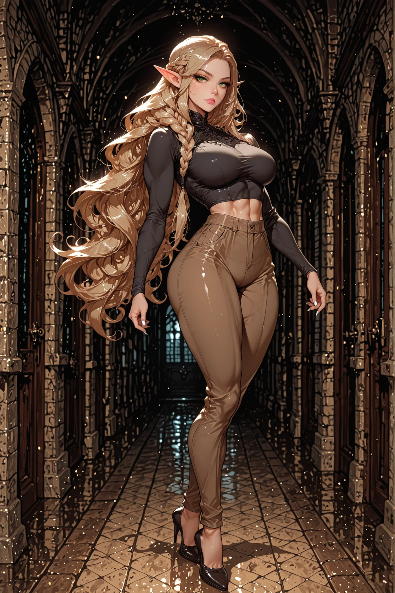 Elf, Young woman, adult female, slender figure, medium plus plus sized breasts, 1girl, pink lips,, sharp gaze,  green eyes, golden eyeliner, golden hair(a braid), dark brown pants, black shirt, medium plus plus sized breasts, toned body, white nails, very long hair, slightly curly hair, looking at viewer, full body,  castle hallway background, motion blur, dynamic pose, dynamic composition, masterpiece, best quality, high quality, amazing quality, very aesthetic, absurdres, newest