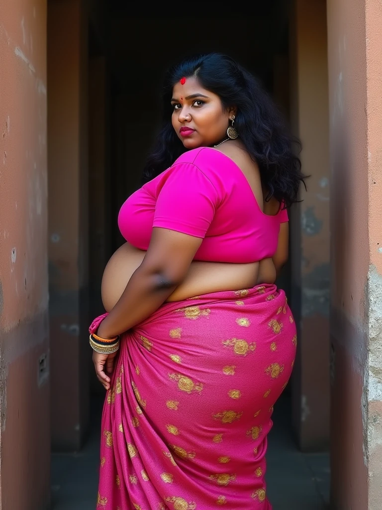 indian.plus size bhabhi wearing blue skirt and blue blouse, she has big belly wide hips, big buttocks , fat legs