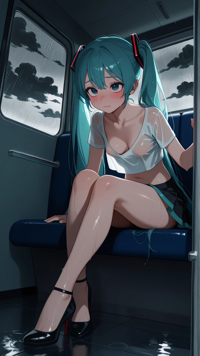 masterpiece,best quality,dutch angle,Ultra detailed,8K,realistic,ultra detailed,highly detailed,physics-based rendering,cinematic lighting,1girls,,naked,crying,pussy, cum,train,on seat,long hair,naked,miku hatsune,molestation,crowded train,
