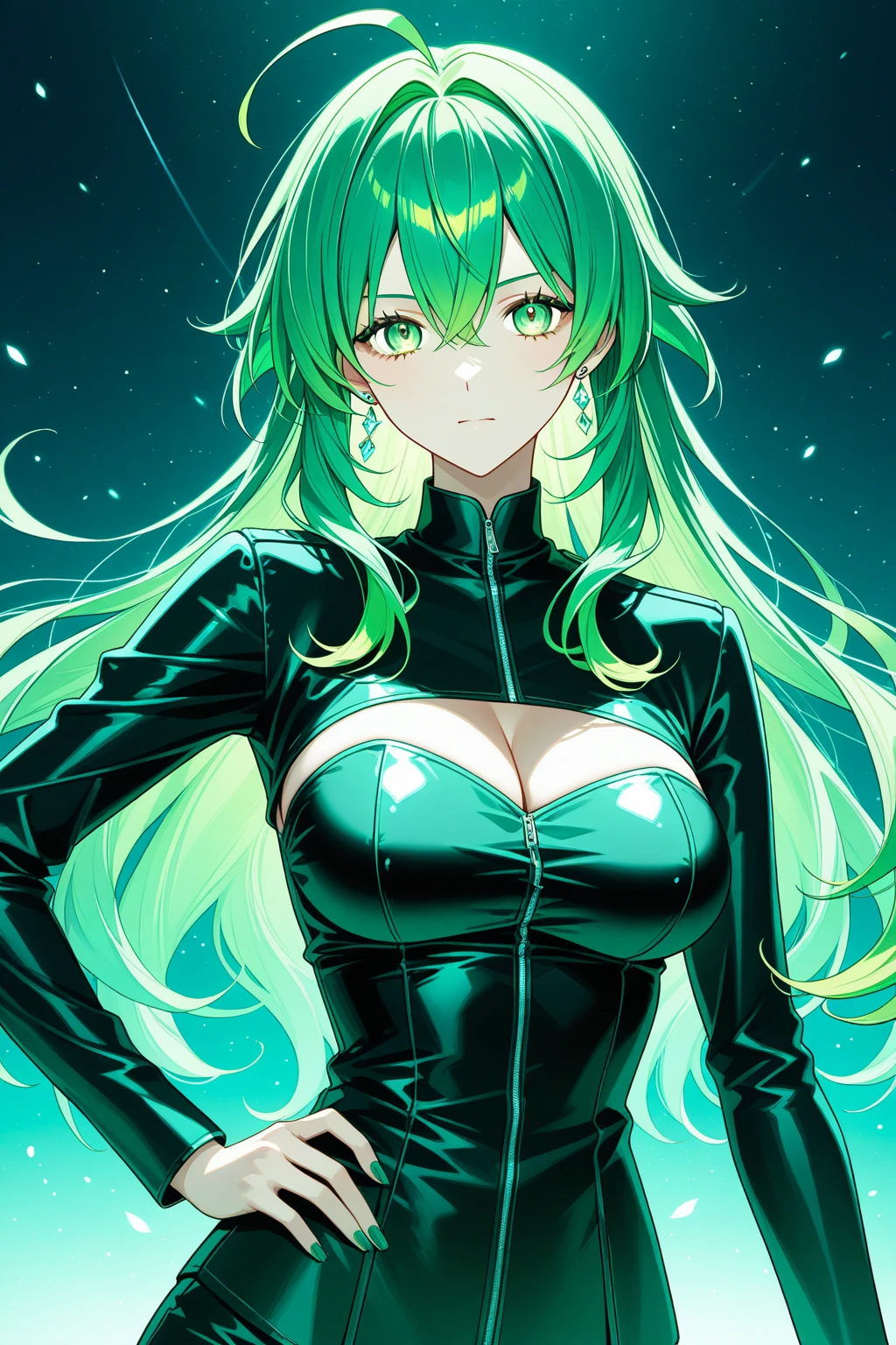 Excellent, masterpiece, green hair, golden eyes, black clothes, looking up, upper body, hair, fair skin, side braids, dragon girl, (aesthetics, pure beauty), (high quality light, sharp contrast, strong deep shadow), (perfect, details in place), size 1:1