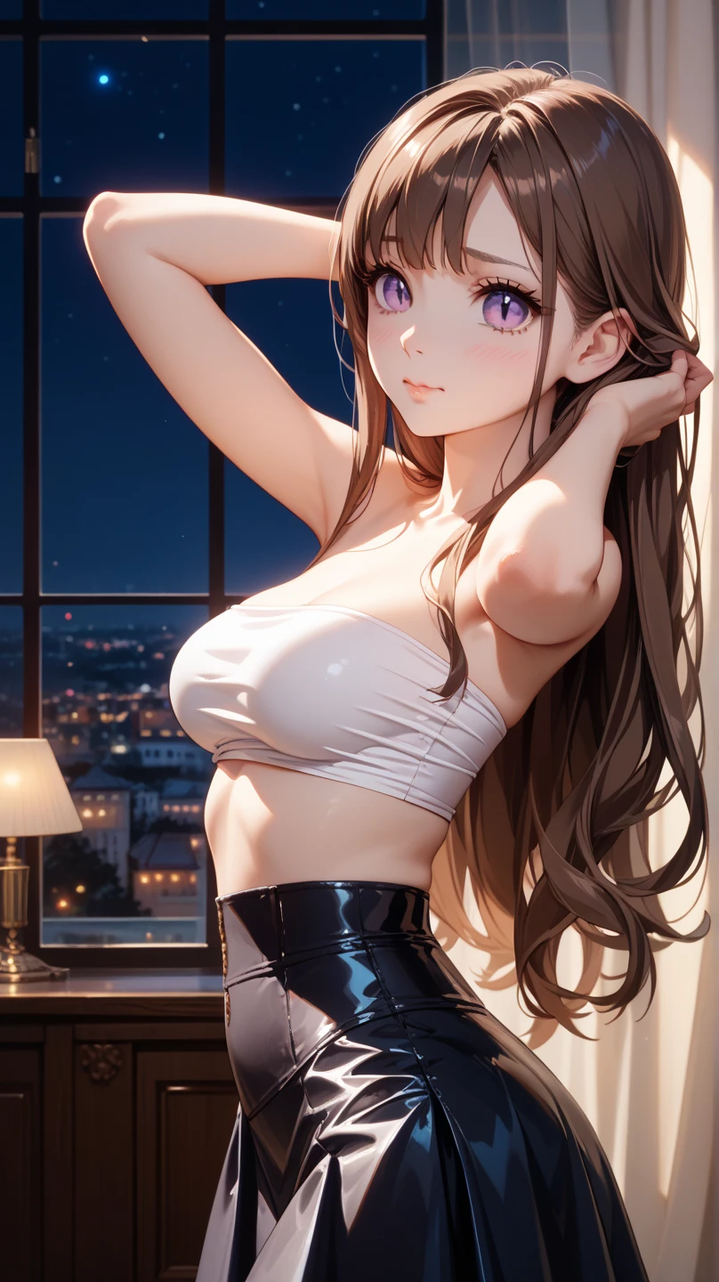 highest quality、Highest image quality、masterpiece、Angle seen from the side、beautiful gothic woman((20-year-old、vest bust、big bust、Bust 90,beautiful long hair、slender、Close-up、Esbian、beautiful underwear、High quality、beautiful art、Luxury hotel in the city、muste piece、visual art、Depth of the bounds written、、、🎵、Happy smile、skin-friendly feet、、Number of fingers to achieve precise finger movements、Kime pose！brown hair、、her clothes are white underwear、fine embroidery、beautiful pattern、Racing、feet in white stockings、How do you like it？lure、Spread the legitimate starry sky out the window、beautiful night view、feeling sexy、ー、Sexy Night.ticker、Leggings and white stockings that are perfect for sexy skin、Standing in front of the night view of the city covered entirely in glass、nsforgeous body stockings:1.3), (intricate lace:1.4), (look thoroughly:1.5),Looks three-dimensional when lit up、skin texture、erotic sexy lingerie 1.3  masterpiece

(gorgeous body stockings:1.3), (intricate lace:1.4), (look thoroughly:1.5),UHD、not wearing a watch　Feng Fujiko