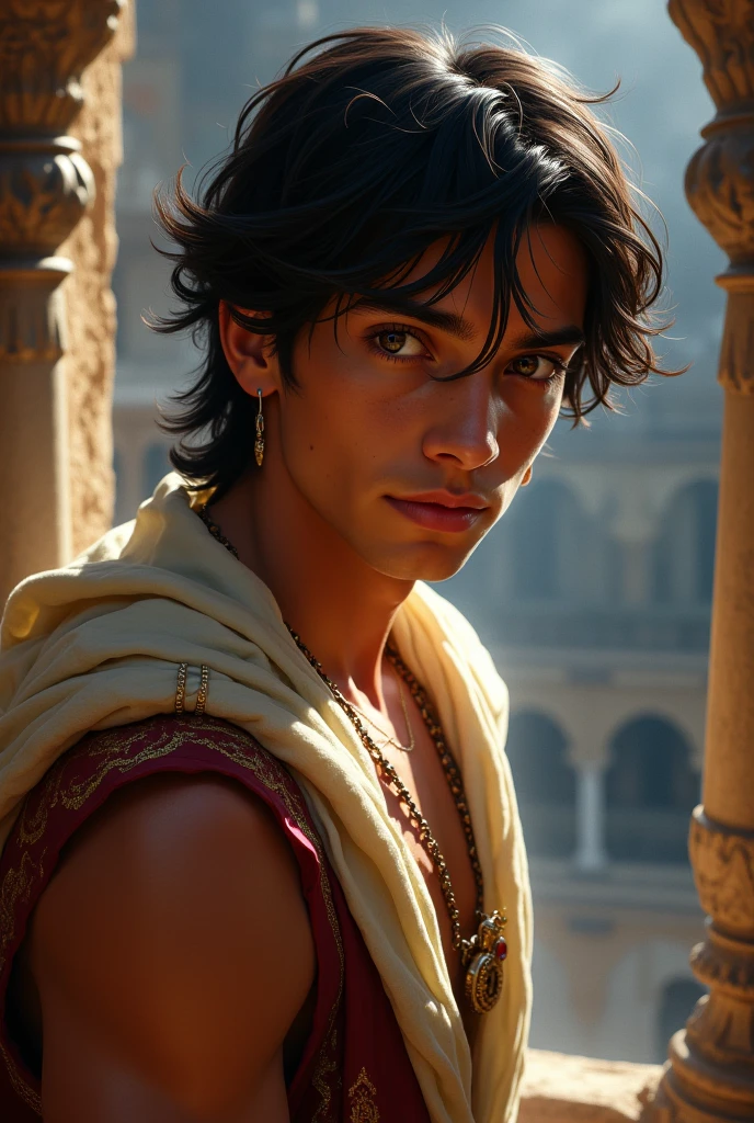 8k, masterpiece, RAW photo, best quality, photorealistic, extremely detailed CG unity 8k wallpaper, Depth of field, Cinematic Light, Lens Flare, Ray Tracing (extremely beautiful face, beautiful lips, beautiful eyes), intricate detail face (ultra detailed skin) , Aladdin and Jasmine, fly on magic Carpet, love story, disney animation , blue genie fly with them , Aladdin loves Jasmine , Disney genie of the magic lamp , fly on the sky