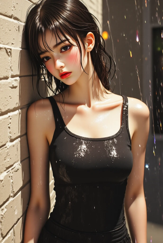 (Best quality, 4k, Masterpiece :1.3), pretty woman, 1girl, sexy :1.1, dark brown hair: 1.1, (rainy wet, wet from rain, wet body :1.2), white tank tops, ultra-detailed face, detailed lips, detailed eyes, double eyelid