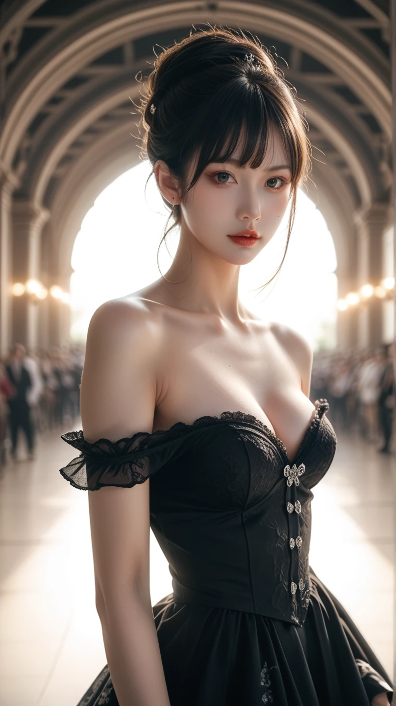 (sharp focus:1.2), 1girl, wearing (little black tdress:1.2) at a (gala:1.2), (moody lighting:1.2), depth of field, bokeh, 4K, HDR. by (Alphonse Mucha:1.1).