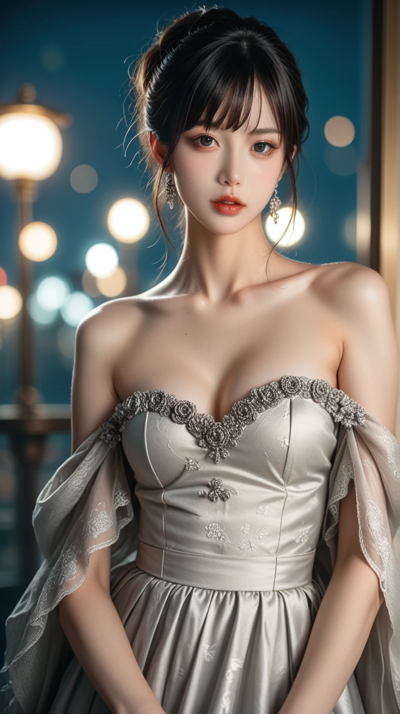 Master masterpiece, best quality, masterpiece, super high resolution, (fidelity: 1.4), original photo, 1girl, superb figure, lady dress, exquisite and perfect facial features, off-the-shoulder, cinematic lighting