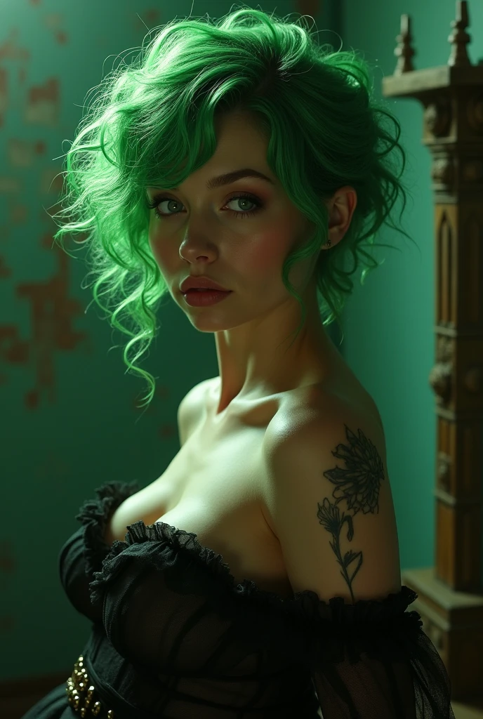 (Best Quality, Realistic, Photorealistic:1.37), Ultra-detailed, (HDR,UHD,studio lightning), Portrait, A  girl, naked body, covering his bare chest with his hand, Erotic, green hair, Mismatched eyes