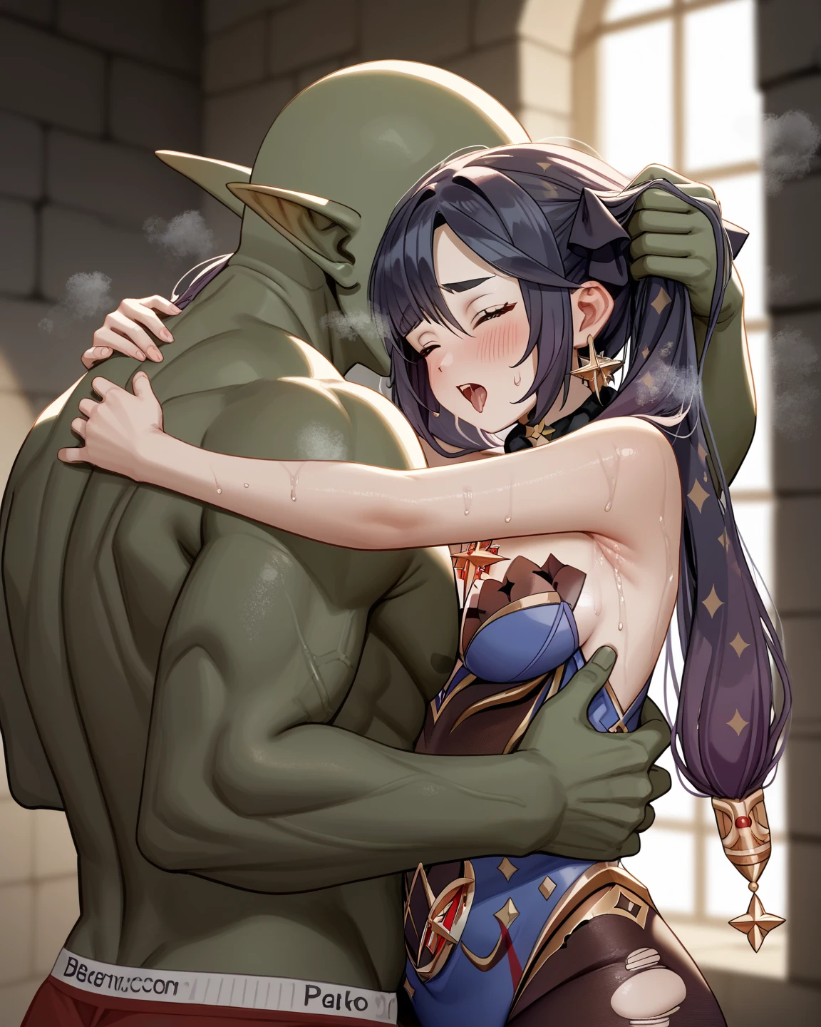 (masterpiece、最high quality:1.4)、(beautiful、perfection、delicate、detailed、complicated、beautiful),, mature woman、(masterpiece、high resolution、high quality:1.2,heterosexuality,spread your legs)、(big breasts:1.3,nipples are visible、shiny skin:1.5),(narrow eyes,chest with a strong presence),cinematic lighting、((twin tails、brown hair )、 Moena、1 girl、blush、Sweat、(Helmet)、(((visor\(armor\):1.3)))、heart color、corset、topless、Elle covered in semen Beau Grove、garter strap、thigh boots、tattoo)、Dark caves、Dark prison、Dark Prison、dark dungeon、(anime、エロanime)、((Don't blur your face))、(cum on breasts)fanny packing、heterosexuality者、penis、sex、vagina、1 boy、testis、large insertion、grab from behind、(Breast Grab:1.4) 、goblin、Green skin、巨大penis、solo focus、blush、raise your arms、pussy、大きなpenis、bound、Armpit、monster、clenching your teeth、bondage、Sweat、Lock、trembling、Drool、Size difference、後ろからのsex、bondage、saliva、At random angles
