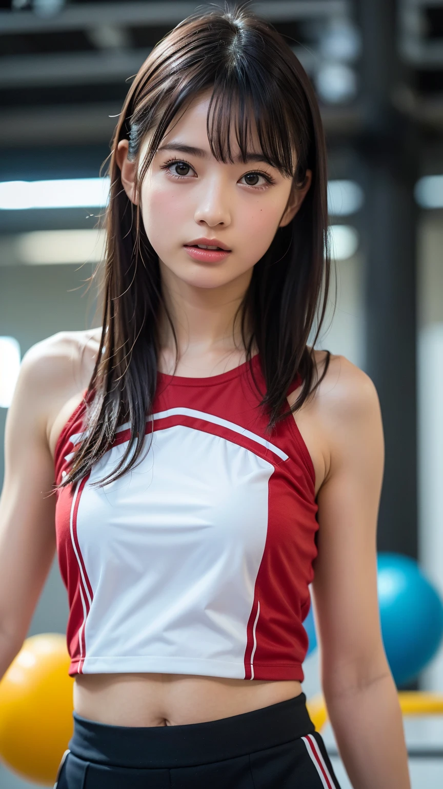 (masutepiece:1.3), (8K, Photorealistic, Raw photography, Best Quality: 1.4), japanse, Beautiful face, (Lifelike face), (Short-cut hair:1.3), Realistic eyes, Beautiful eyes, (realskin), Beautiful skin, Ultra high definition, Hyper-realistic, hight resolution, beautiful japanese female, (夜のtrack and field場, Land Track:1.5), track and field, (Show the armpits:1.4), (Hands behind the head:1.2), Smile