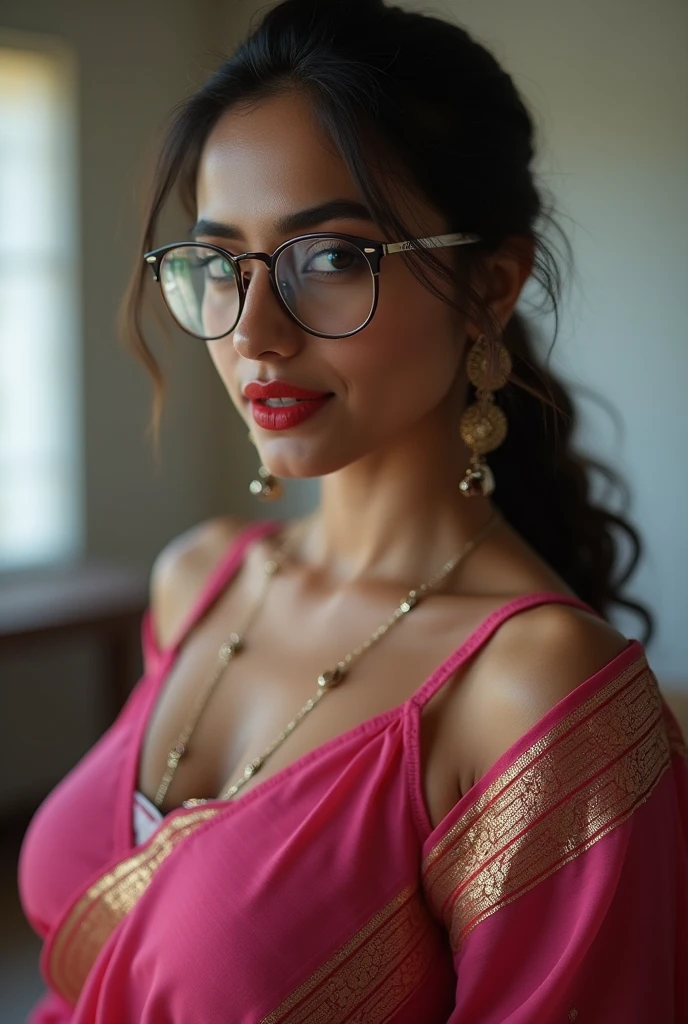 medium shot photo of a mix of (zainabt:0.8), women with glasses, and (santa costume:0.5) sks woman, (nice cleavage:1.1), intricate steampunk+ city, evening, dark, atmospheric, mist, best quality masterpiece, photorealistic, detailed, 8k, HDR, shallow depth of field, broad light, high contrast, backlighting, bloom, light sparkles, chromatic aberration, sharp focus, RAW color photo, <lora:zainabt_v2:1>