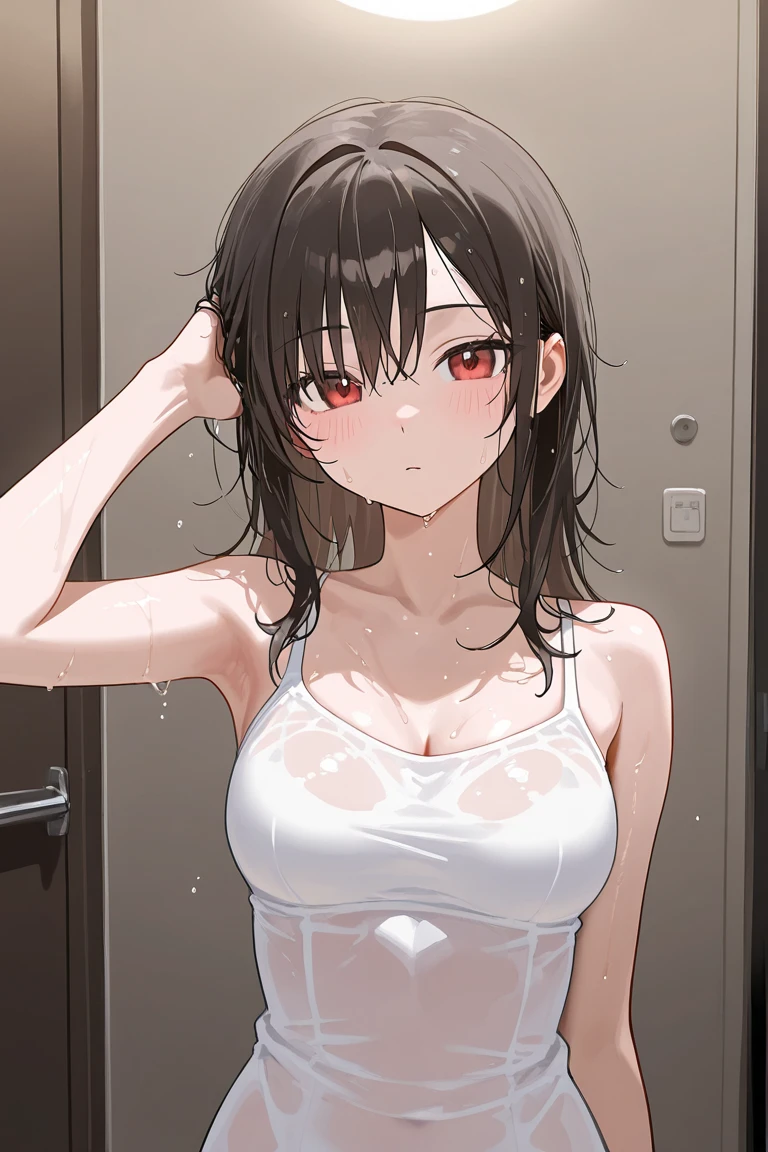 Optimal,masterpiece,High resolution,highest quality,hyper hd,Super detailed,award-winning,16k,alone,(cowboy shot)、cute face,,black hair、long hair、twin tails、 hair line,((scarlet eyes)),long eyelashes,drooping corners of the eyes,Are standing、open your legs、slender legs、white skin,((Shoot from the front)), ((See-through camisole:1.5)), ((transparent nipples))、rocket tits , ((big breasts:1.2)),