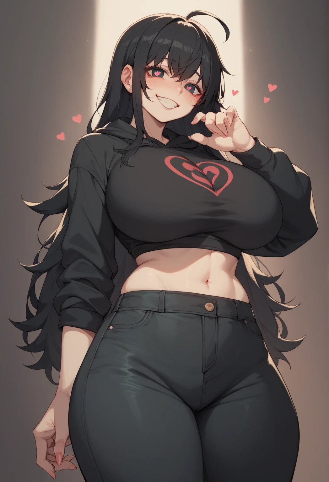 A demon girl with a big chest and long white curling hair and wearing a black demon horn head and red eyes and wearing a long red sweater and a black skirt underneath.
