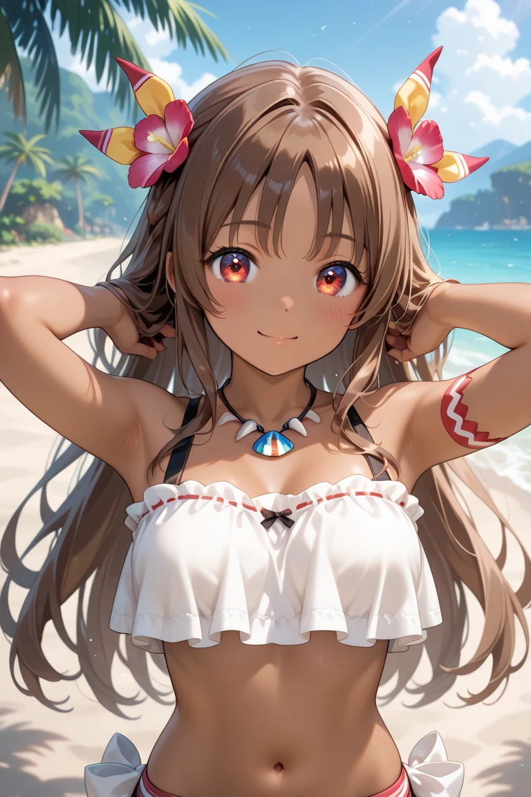 High resolution,masterpiece, highest quality, Kuo Shenlin , heterochromia , left red eye ,right yellow eye ,, smiling , (((busty))), ,1girl, large breasts , sensual body, Her cheeks flushed, vaginal secretions , Brown hair , micro bikini , , swim suit , beach ,