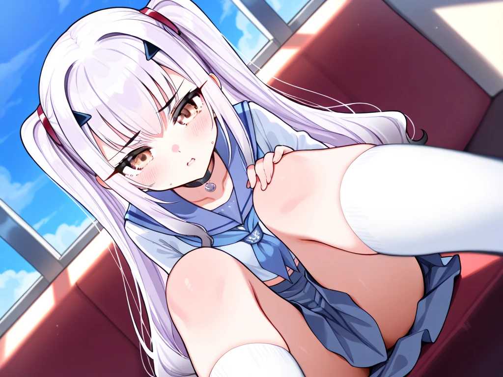 Emilia re:zero, purple eyes, Emilia, crown braid, x hair ornament, flower hair ornament, white hair, long hair, medium breasts, anime girl sitting on a bench holding a cell phone,  in dress, seductive anime girl, blonde anime girl with long hair, , ecchi anime style, kantai collection style, attractive anime girl, realistic , from girls frontline, cute anime waifu in a nice dress, fine details. girls frontline, ecchi style, anime girl