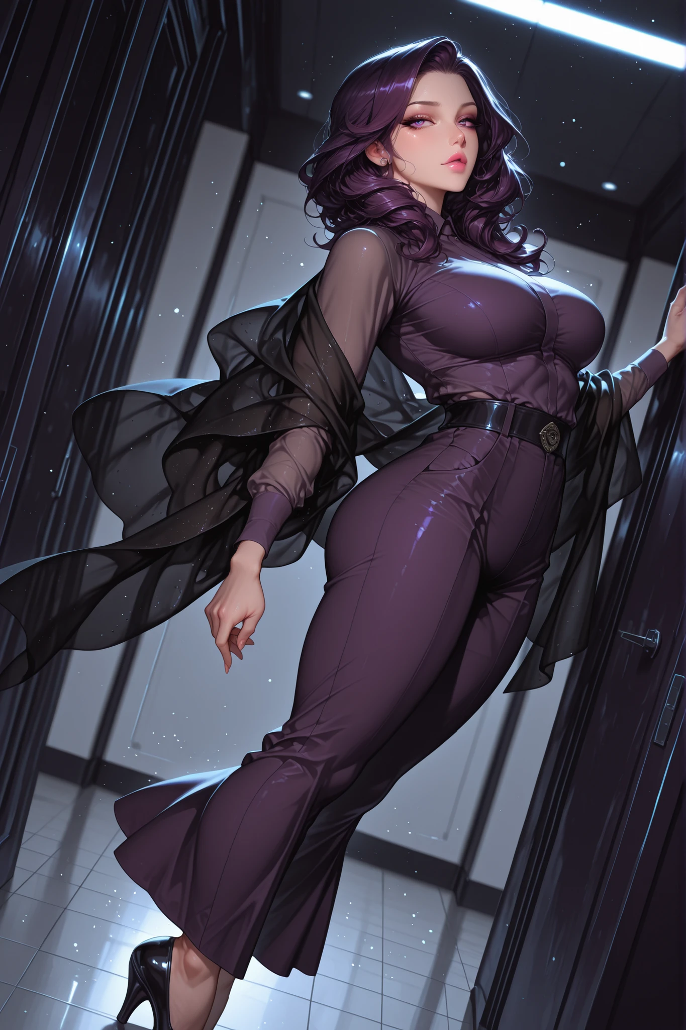 adult female, medium plus sized breasts, mature women, mature woman, 1girl, pink lips,, calm gaze purple eyes, white eyeliner, dark purple hair(Eminence shade), seamstress outfit(black shawl), medium plus sized breasts, toned body, medium length hair(middle-back length), slightly curly hair, looking at viewer, full body, business office background, motion blur, dynamic pose, dynamic composition, masterpiece, best quality, dynamic angle, high quality, amazing quality, very aesthetic, absurdres, newest