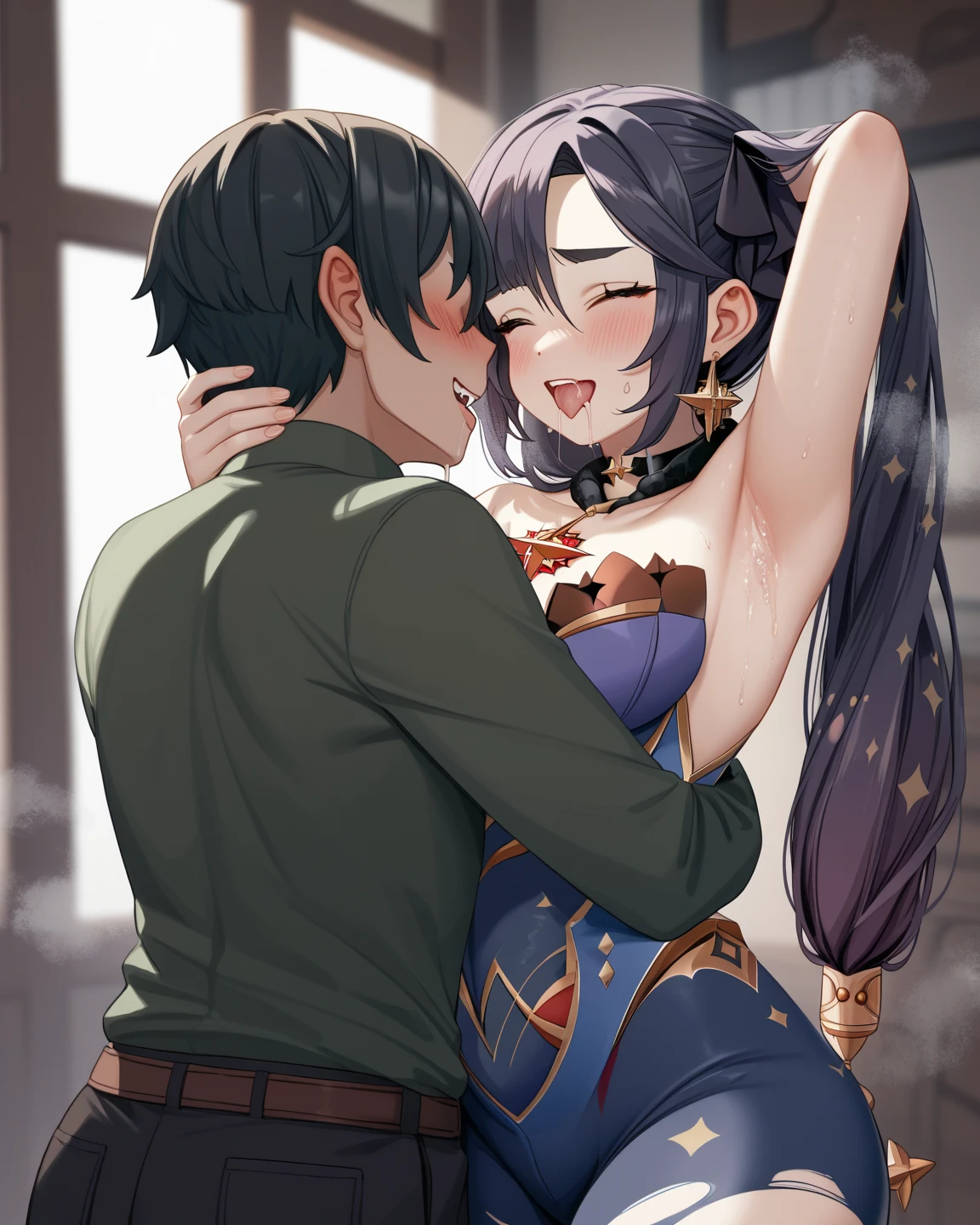 NSFW,one ,The dress is pulled up,Smile with open mouth,selfee,shame,Luxurious ornaments,noble,PRİNCESS,Tiara on the head,アニメ,((bared chest)),(Short black hair) ,(Blue and green eyes),(heterochromia),Revealing clothes, ,small ,Curvaceous,Exposed genitals,((1man with 1woman,Having sex)), Viewer's Perspective,A is inserted,High resolution,Best Quality、Big Breasts