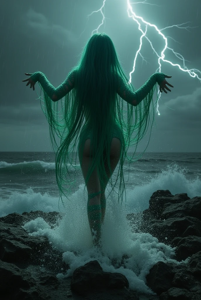 back view, nude sexy (green skin) thicc woman's oiled butt, STANDING LEGS APART, dramatic angle, extreme angle shot, low-angle shot, wide-angle shot, dark moody storm-clouds sky background