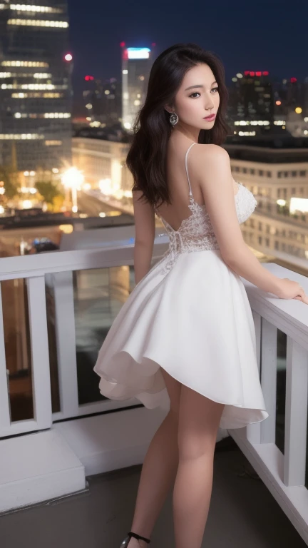 ((Midnight, Best quality, 8k, Masterpiece :1.3)), Whole body, Long legs, Sharp focus :1.2, A pretty woman with perfect figure :1.4, Slender abs :1.1, ((Dark brown hair, Big breasts :1.2)), (Fashion wedding dress, Standing:1.2), ((Night city view, Rooftop:1.3)), Highly detailed face and skin texture, Detailed eyes, Double eyelid