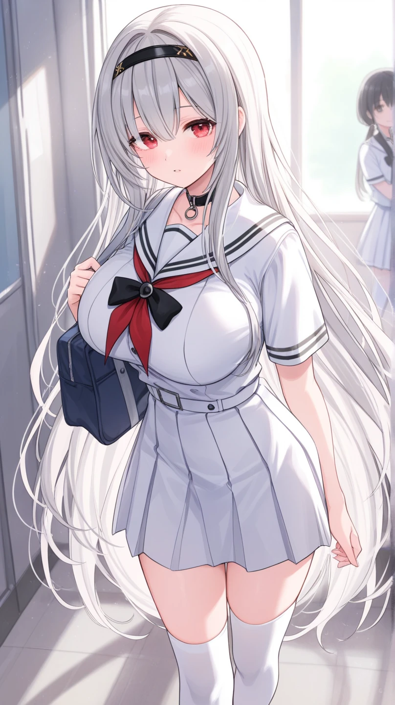 professional artwork, Intricate Details, field of view, sharp focus, detailed painting, photorealistic lighting, trending on pixiv, Standing at attention, ((school girl, summer school outfit)), ((large breasts:1,3)), Beautiful body,Beautiful Nose,Beautiful character design, perfect eyes, perfect face, looking at viewer, SFW,official art,extremely detailed CG unity 8k wallpaper, perfect lighting,Colorful, Bright_Front_face_Lighting, (masterpiece:1.0),(best_quality:1.0), ultra high res,4K,ultra-detailed, photography, 8K, HDR, highres, absurdres:1.2, Kodak portra 400, film grain, blurry background, bokeh:1.2, lens flare, (vibrant_color:1.2), shikkoku_yorihime, (seductive look), ((looking at viewer, front body pose))