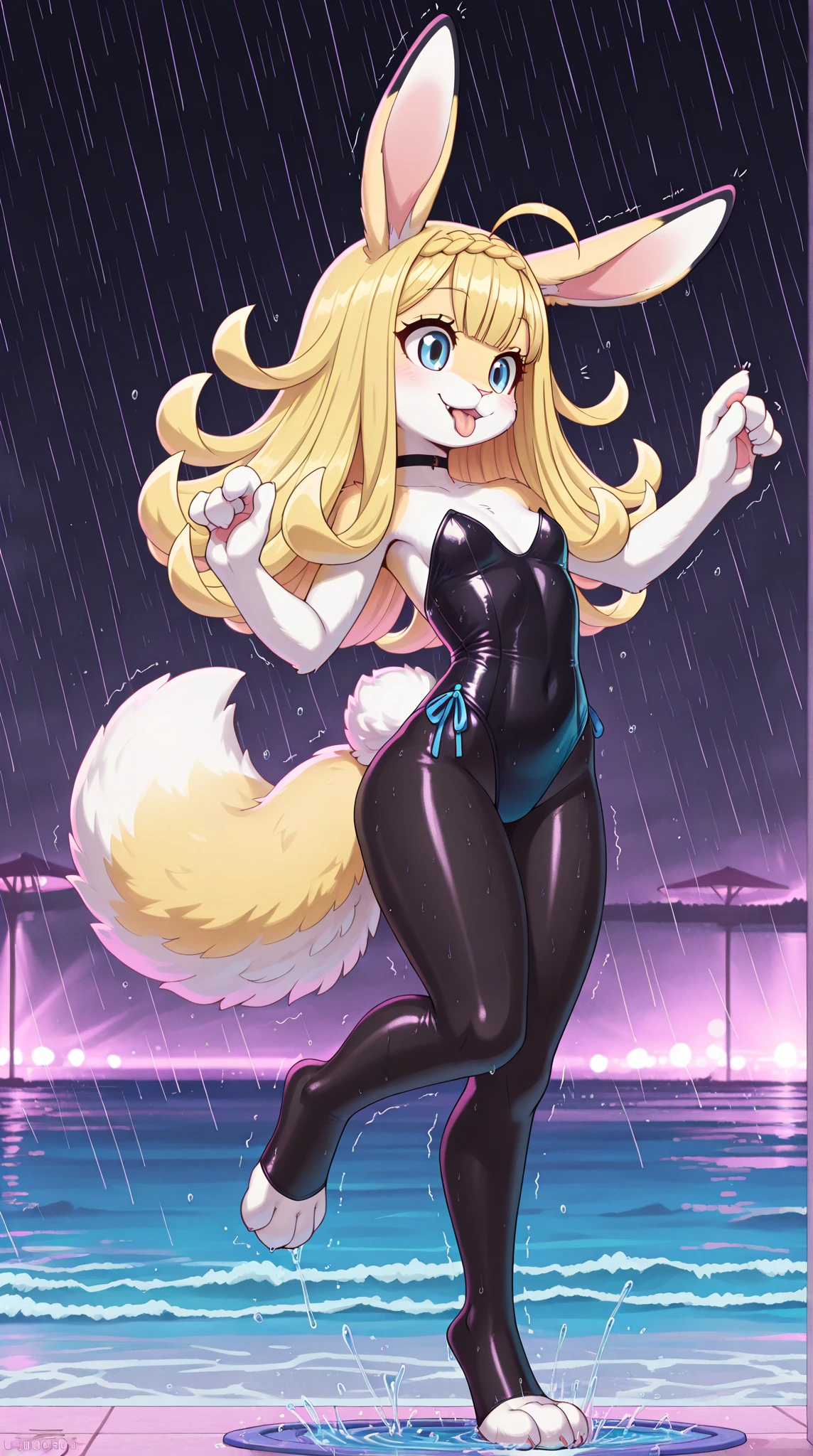 A girl in the rain wearing a pink swimsuit, wavy hair, blonde hair, pink eyes, shocked because of rain, on the streets, cat ears, small (perky ), thight swimsuit, tight thigs, cat tail, cute perfect anime face, wearing white gloves, no shoes or socks.