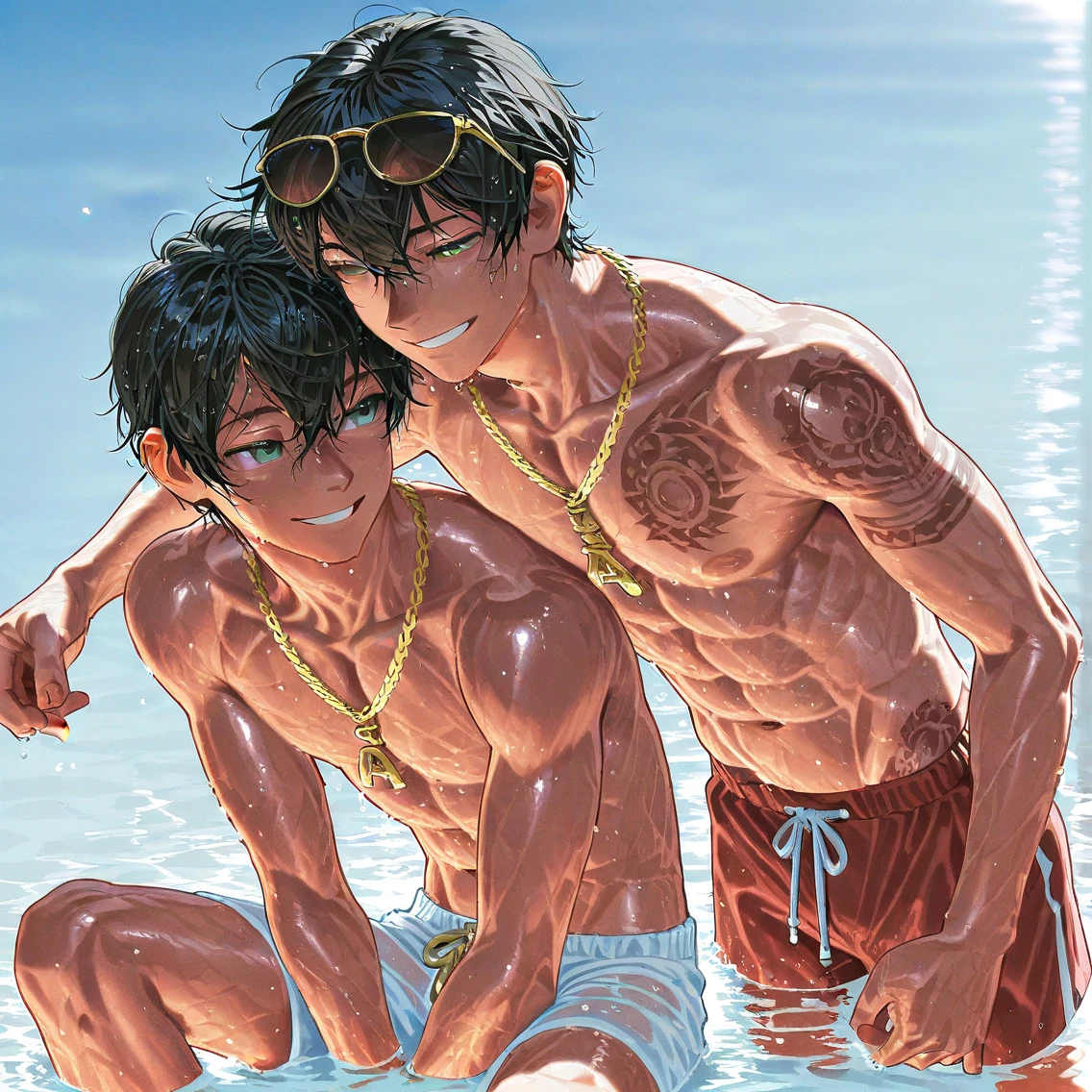 high quality, detailed, 22 years old bulky japanese boy, detailed brown eyes, (abs:1.5), (dark brown shiny skin:1.5), (detailed areola:1.5), black short hair, (black tiny thong), (puffy bulge), pool