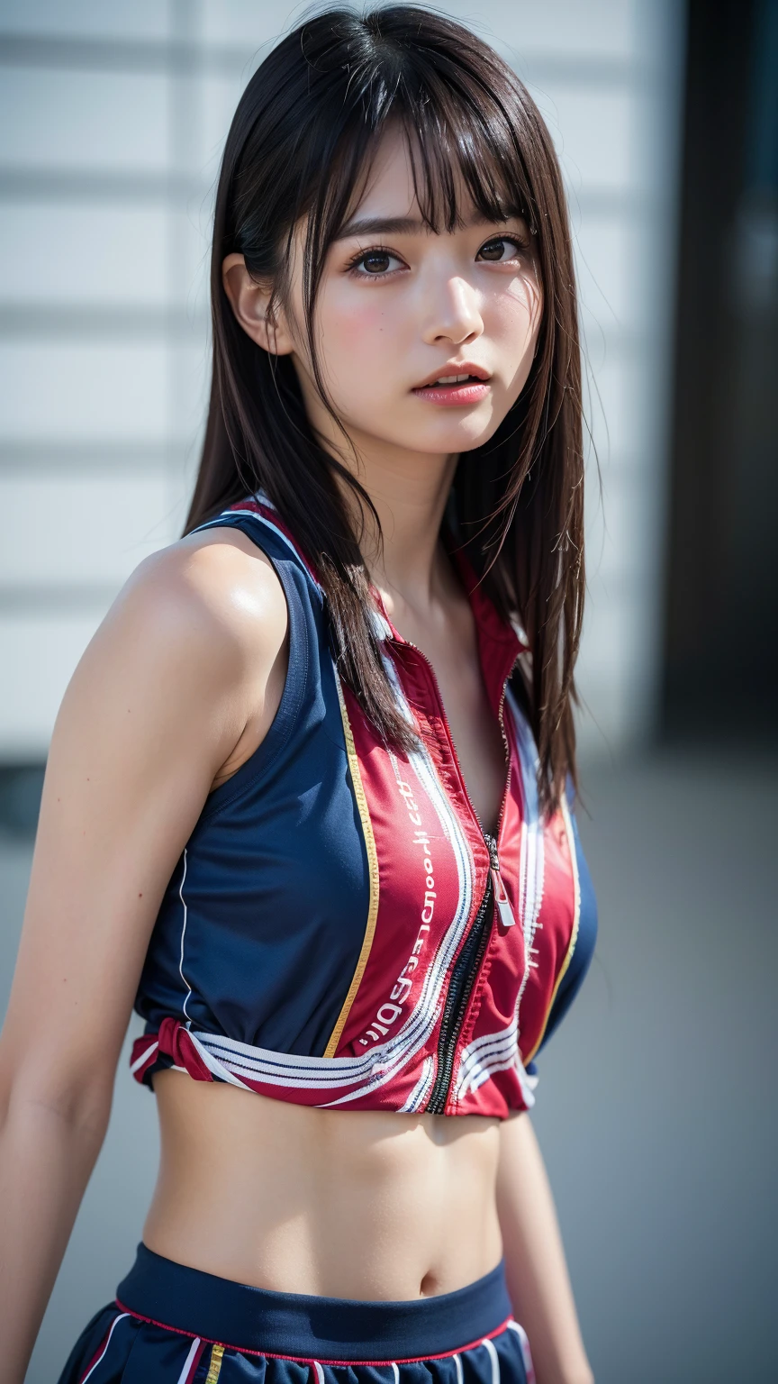 ((perfect anatomy, anatomically correct, super detailed skin))), 1 woman, ((race promotion uniform:1.6)), grid girl, from front, shiny skin, detailed hair, detailed face, detailed eyes, (long hair:1.5, brunette hair:1.7), natural bangs, hair between eye, light brown hair, brown eyes, babyface, mole under eye, lip gloss, beautiful body, normal breasts, beautiful thighs, beautiful legs, camel toe, ((detailed cloth texture, navy blue, dark blue, red, white, sleeveless top with light jacket, tight short skirt:1.6, boots:1.6)), white panties, beautiful scenery, summer, (lying on back:1.4), ((close eyes:1.6)), (sleeping), laying on the bed, (8k, top quality, masterpiece​:1.2, extremely detailed), (realistic, photorealistic:1.4), beautiful illustration, natural lighting, whole body,