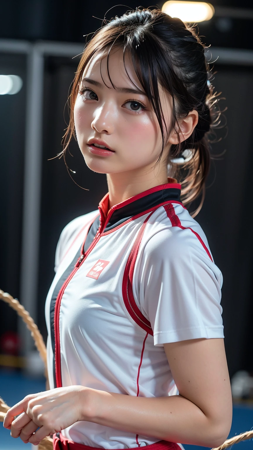 (RAW Photos:1.2), (Realistic), Beautiful detailed girl, Very detailed eyes and face, Beautiful and beautiful eyes, Large file size, High resolution, Very detailed, highest quality, [Tabletop:1.6], shape, Very detailed, The finer details, highest quality, 8K Dende Wallpaper, Cinema Lighting,Fighting arena in the background、20 year old slim and muscular woman, Female Fighter, Karate pose, Outdoor Martial Arts Tournament, hang on, Uniform, 彼女の柔Uniform, ponytail, Serious expression, The body is slim, Young Face, , Stadium