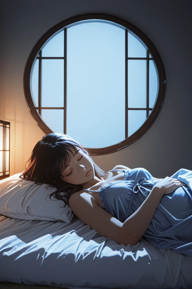 nsfw,(I want to see up to my kneecaps:1.5)、masterpiece, High resolution, figure, Kyoto animation style, your name is movie style, night, midnight, light, (1 female: 1.3), (alone: 1.4), long eyelashes, short bob, nose becomes red, futon, lying down, naked, lying on the bed、Tears are flowing、reach out your hand