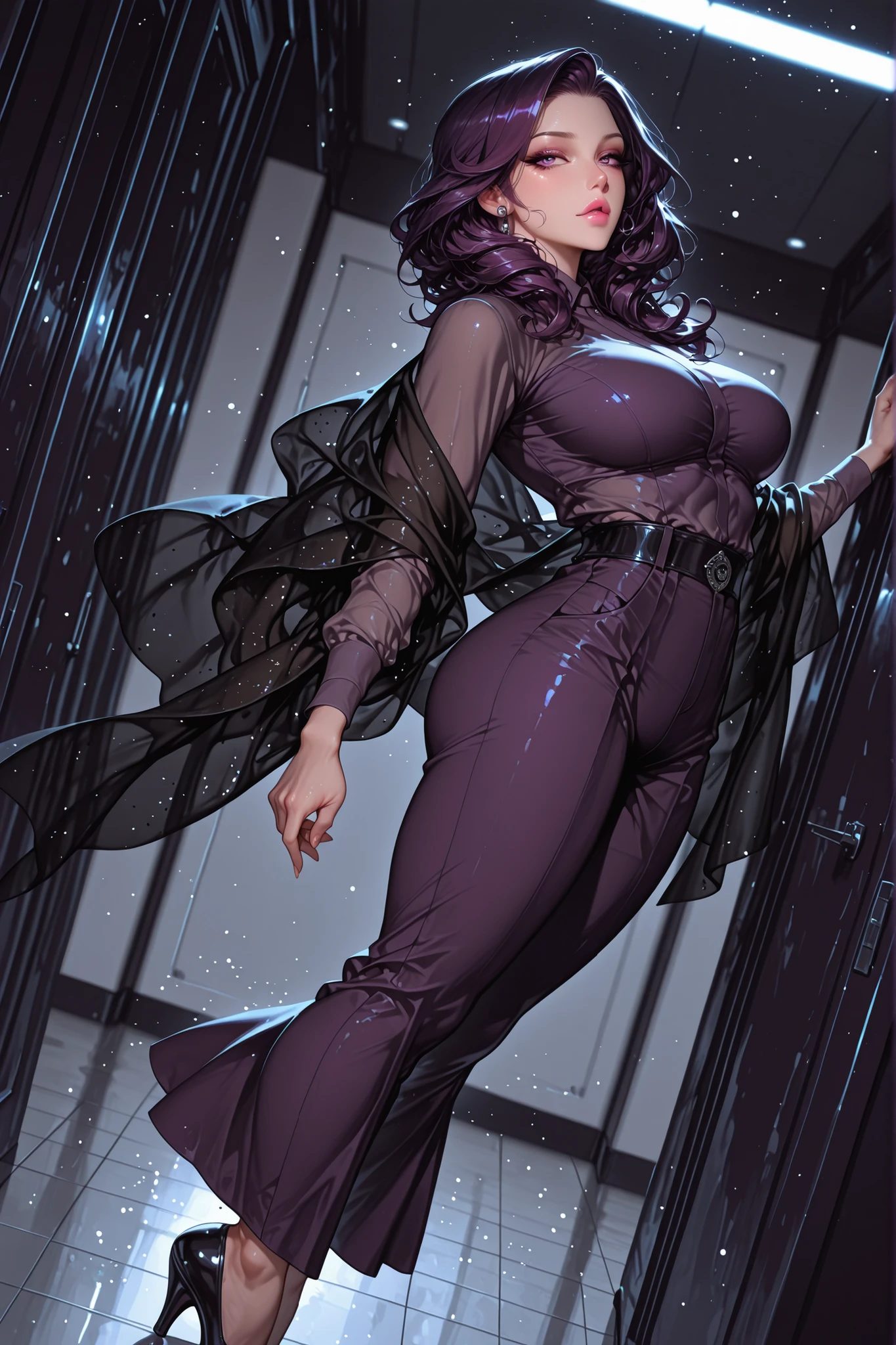 adult female, medium plus sized breasts, mature women, mature woman, 1girl, pink lips,, calm gaze purple eyes, white eyeliner, dark purple hair(Eminence shade), seamstress outfit(black shawl), medium plus sized breasts, toned body, medium length hair(middle-back length), slightly curly hair, looking at viewer, full body, business office background, motion blur, dynamic pose, dynamic composition, masterpiece, best quality, dynamic angle, high quality, amazing quality, very aesthetic, absurdres, newest